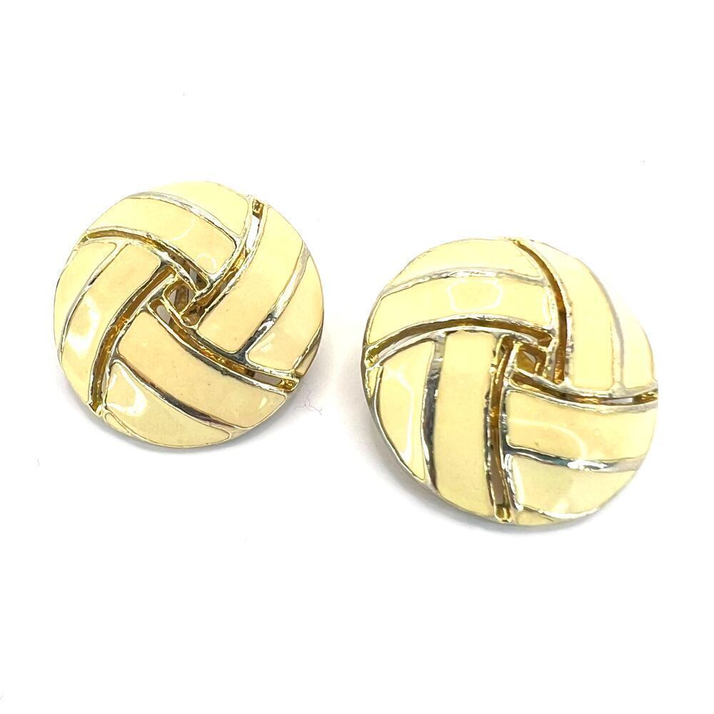 Vintage Cream Enamel Gold Tone Clip On Earrings Round Infinite Knot Statement